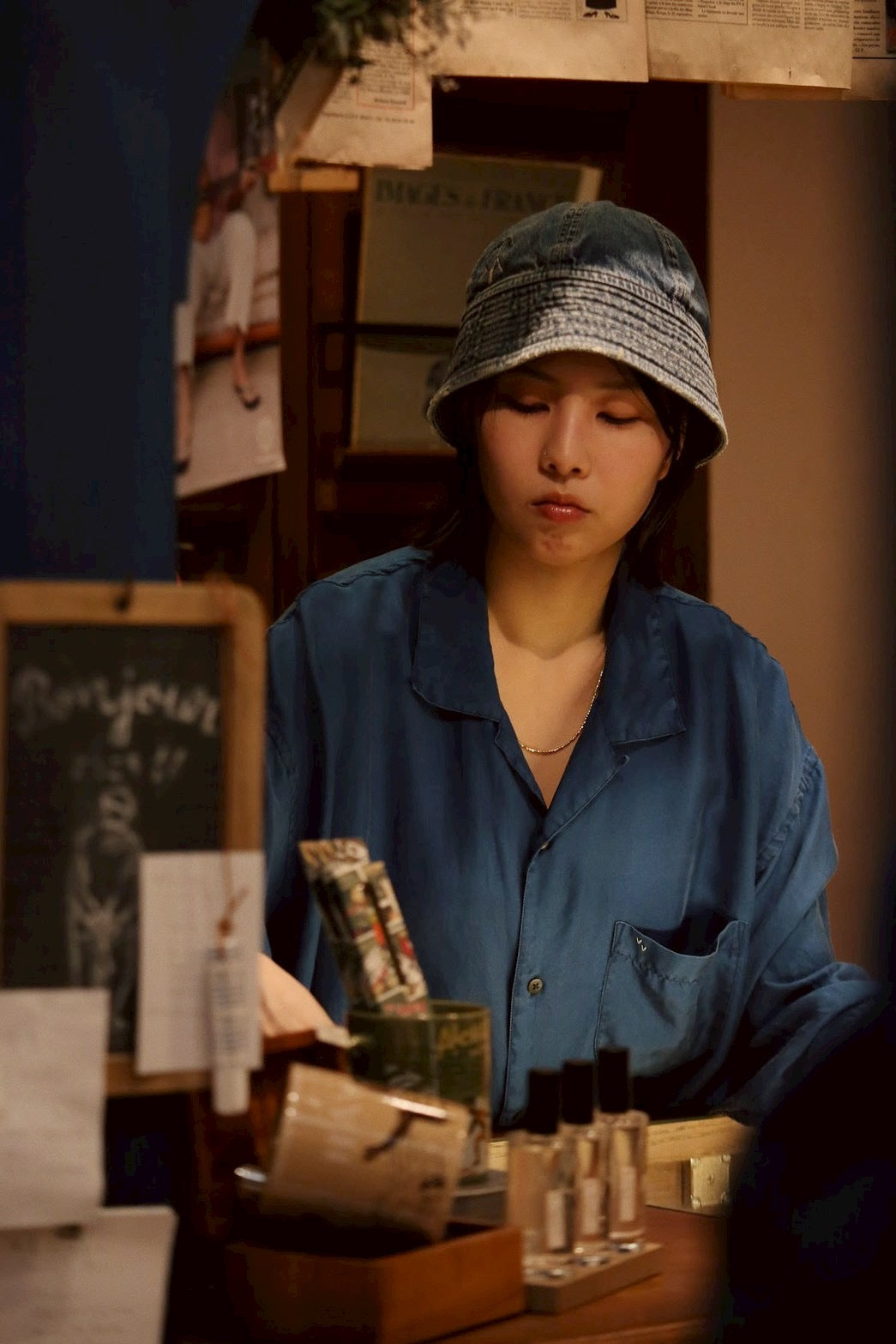 H/W INDIGO SILK LONG SHIRT