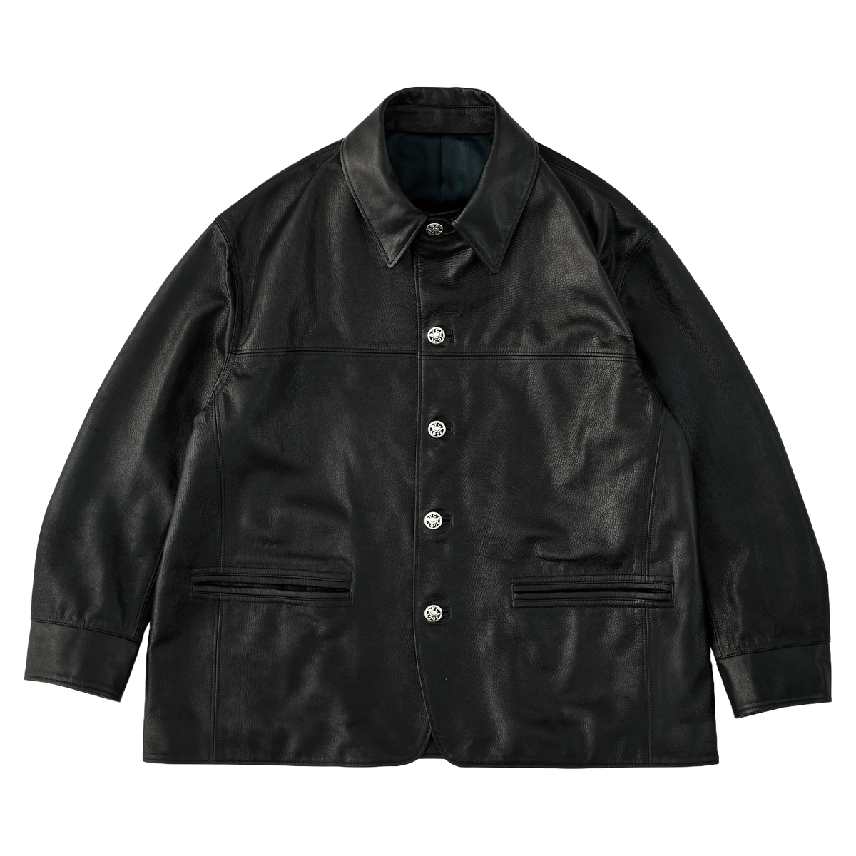 LEATHER CAR COAT W / SILVER BUTTONS