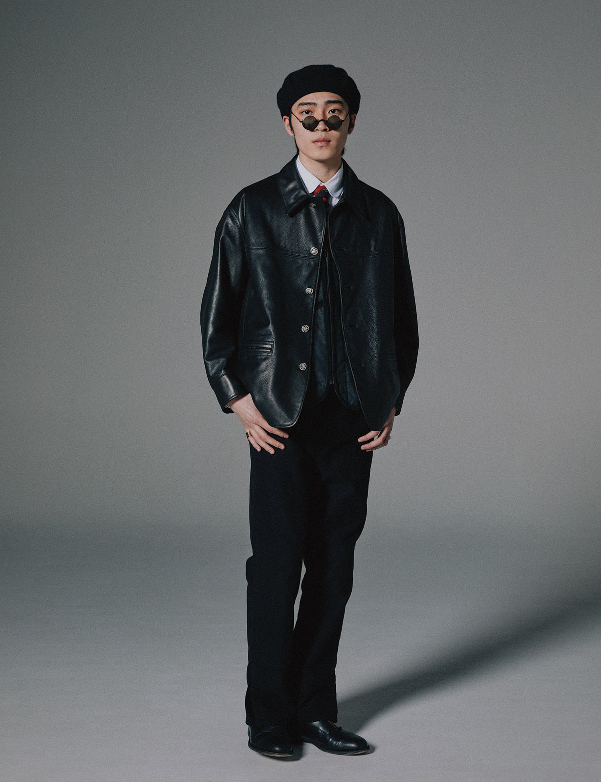 LEATHER CAR COAT W / SILVER BUTTONS