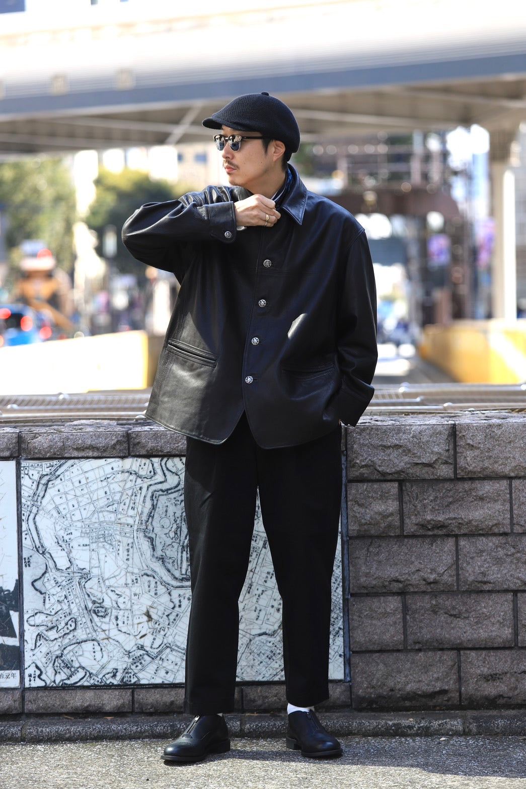 LEATHER CAR COAT W / SILVER BUTTONS