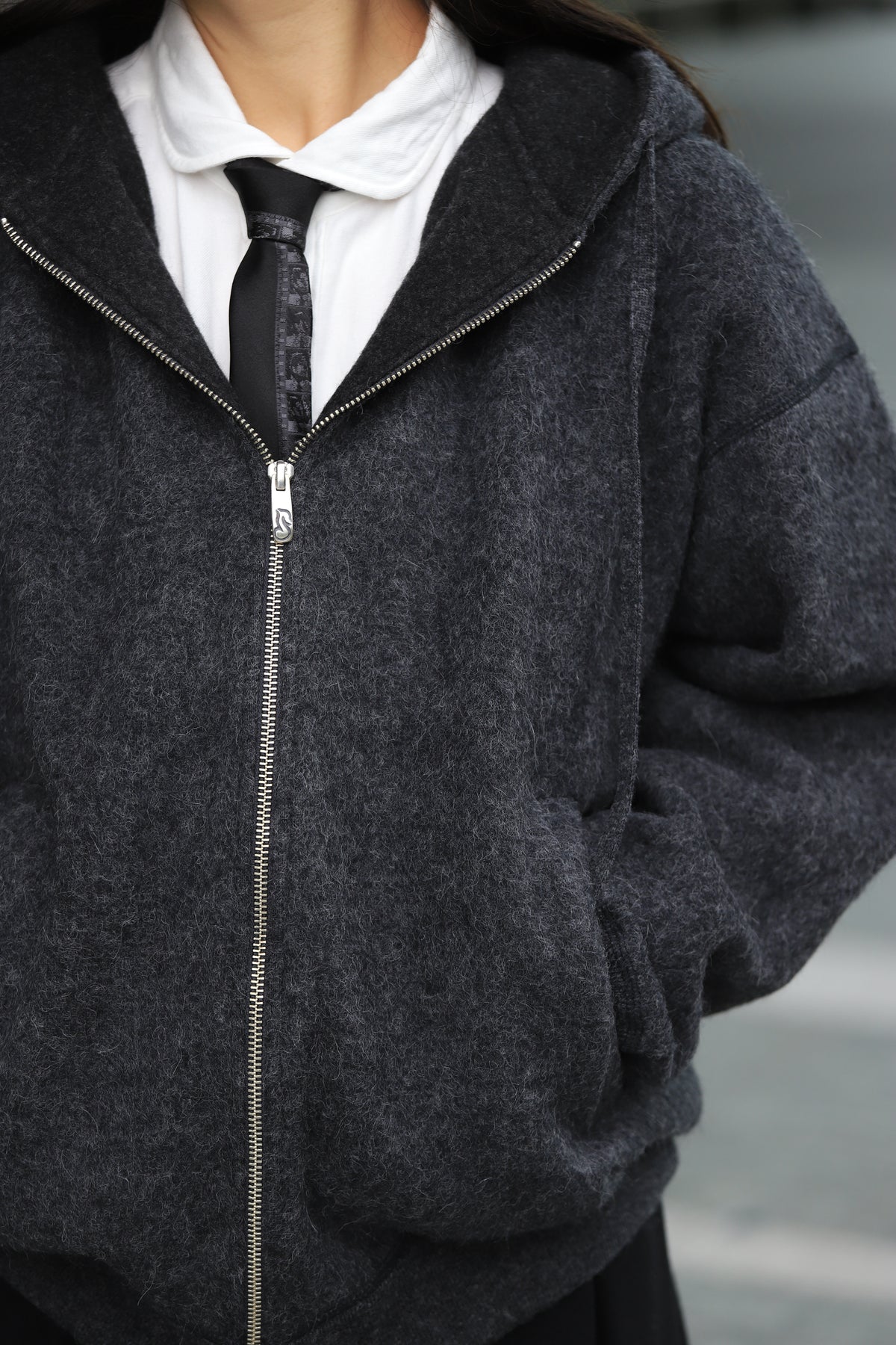 BABY ALPACA / CASHMERE DOUBLE FACE ZIP UP PARKA W / SILVER ZIPPER